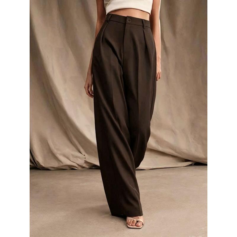 Women Solid Wide Leg Formal Trousers Office Style