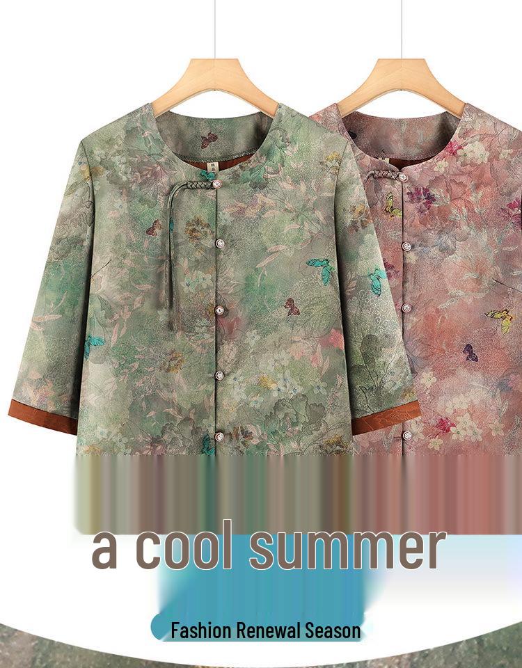 Summer Chinese Style Plus Size Top for Elderly Women - Loose Three-Quarter Sleeve Shirt