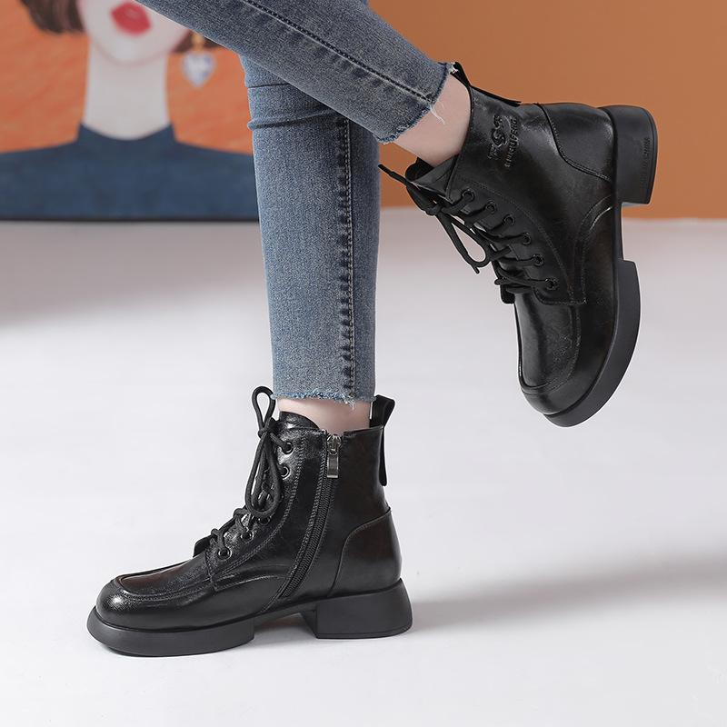Fashion GKTINOO Women Boots 2025 New Woman Short Boots Soft Genuine Leather Autumn Winter Shoes Square Heels Big Toe Female Footware