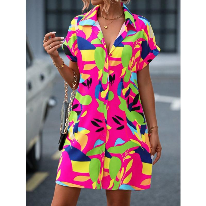 

Summer Fashionable Colorful Floral Print Cardigan Shirt Dresses Short-sleeved Women s Dresses S рожевий червоний колір