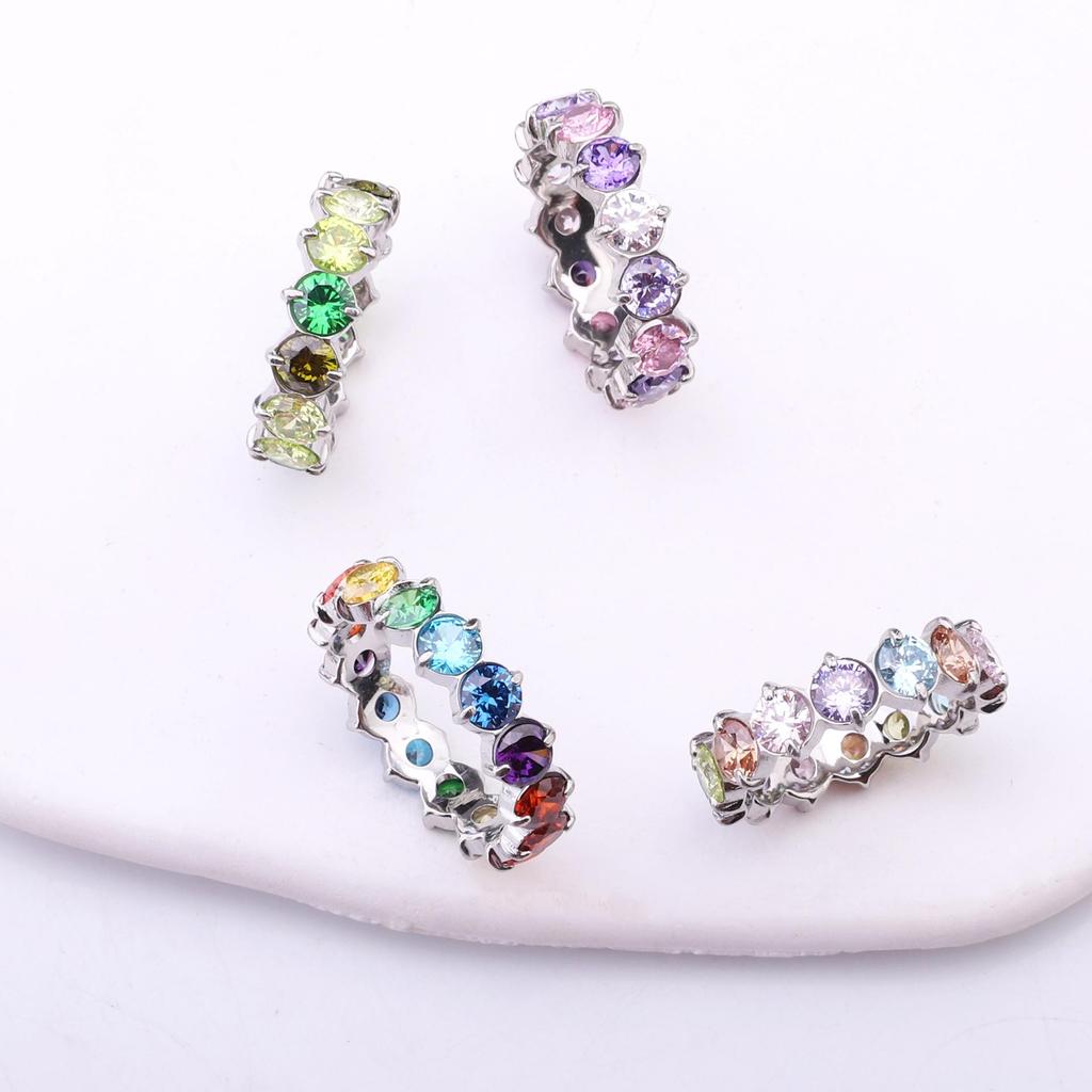 Elegant Stainless Steel Zircon Ring - Colorful Round Full Diamond Design for Women