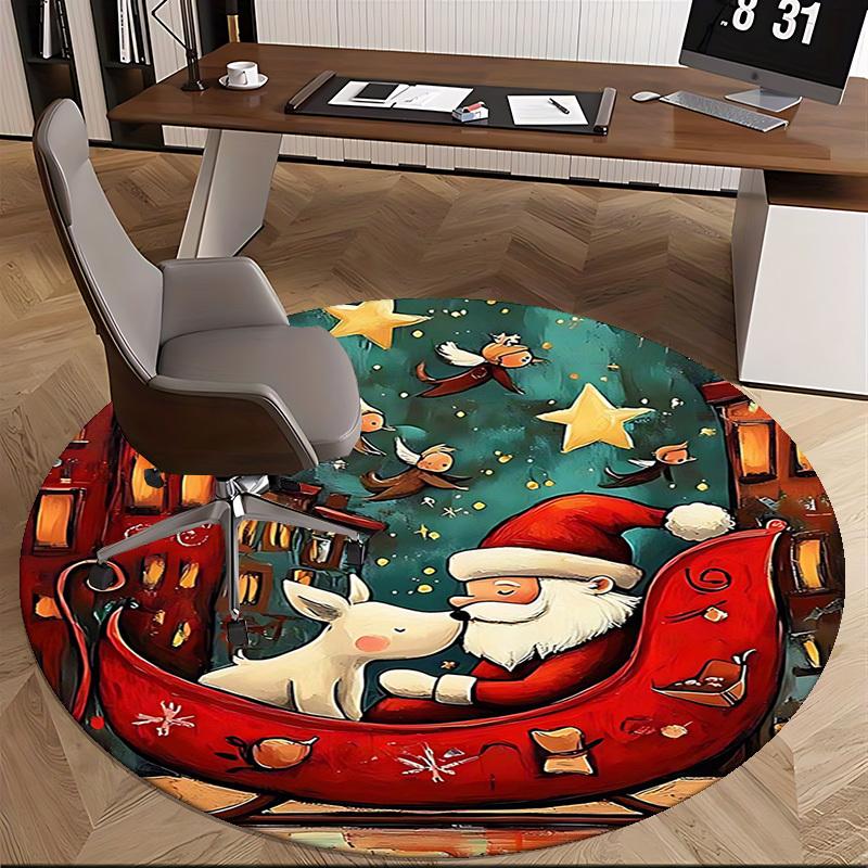1pc Christmas Santa Claus and Reindeer Round Carpet Anime Design, Holiday Gift, Office Chair Mat, Home Decor, Living Room, Bedroom