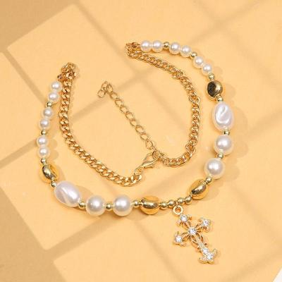Elegant Retro Cross and Pearl Clavicle Necklace with Diamond Accents for Women
