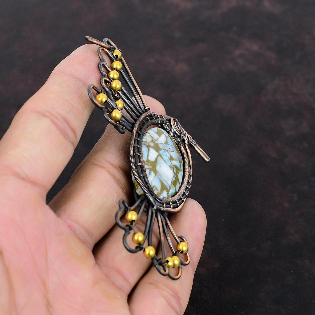 Copper Larimar Pendant Copper Wire Wrapped Gemstone Pendant Dainty Copper Jewelry Bird Pendant Handmade Pendant Larimar Jewelry Gift For Her