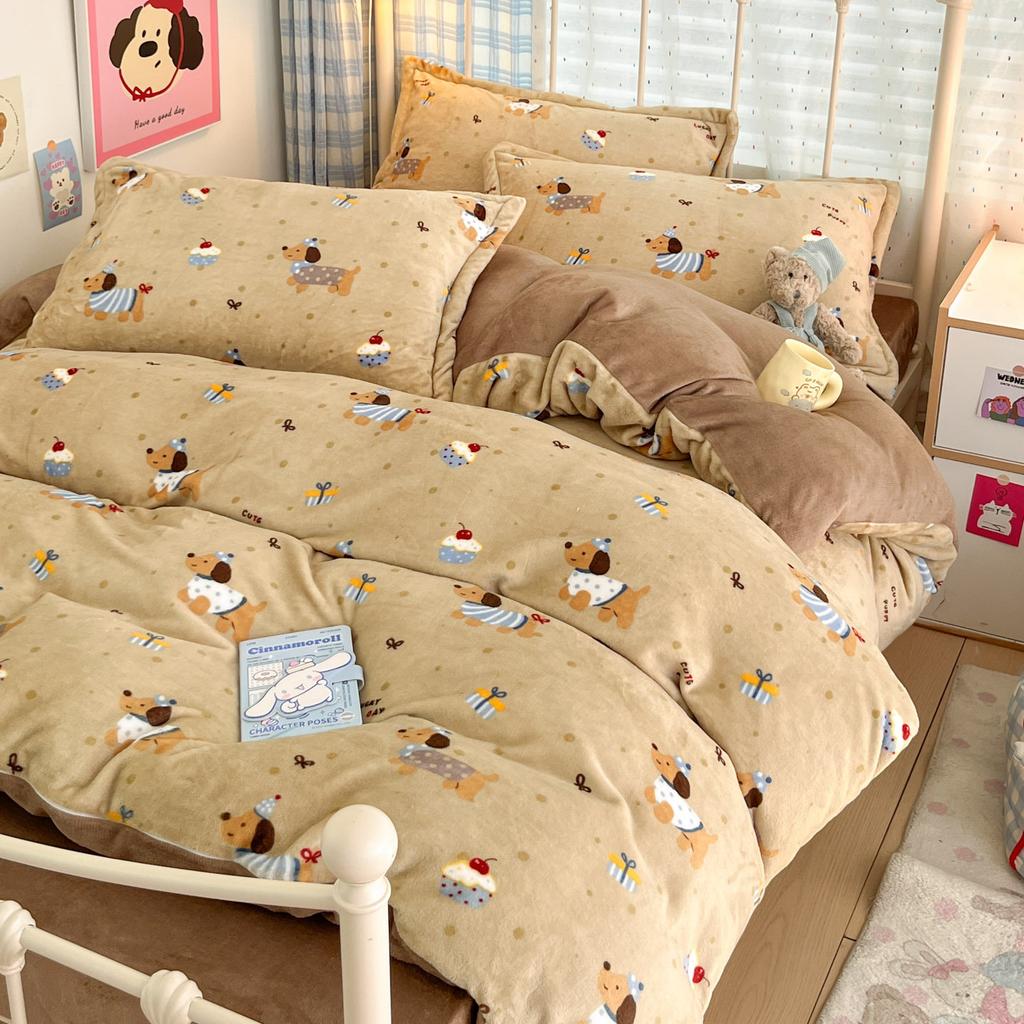 Thickened Milk Fleece Four-Piece Set, Coral Flannel Quilt Cover, Double-Sided Fleece Bed Sheet Quilt Cover, Bed Hat Three-Piece Set