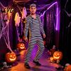 Halloween Cosplay Apparel Prisoner Costume for Adult, Women Striped Mini Dress, Men Top with Cuffs Pants, Dress-Up Jail Inmate Uniform Hat &