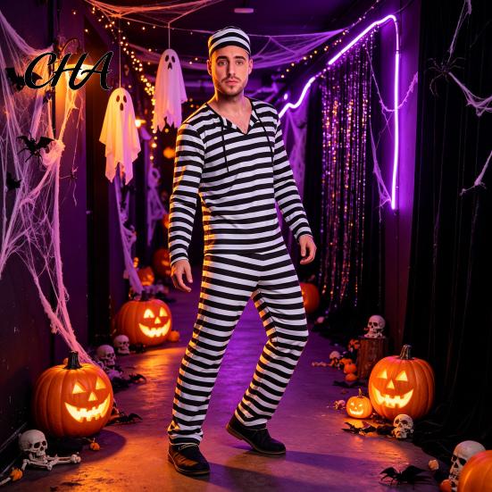 Halloween Cosplay Apparel Prisoner Costume for Adult, Women Striped Mini Dress, Men Top with Cuffs Pants, Dress-Up Jail Inmate Uniform Hat &