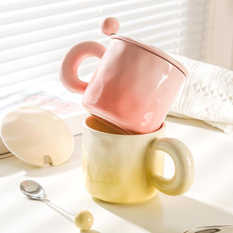 High Value Gradient Ceramic Cup Niche Design Sense Mug with Lid Spoon for Girls Coffee Cup Couple Drinking Water Cup