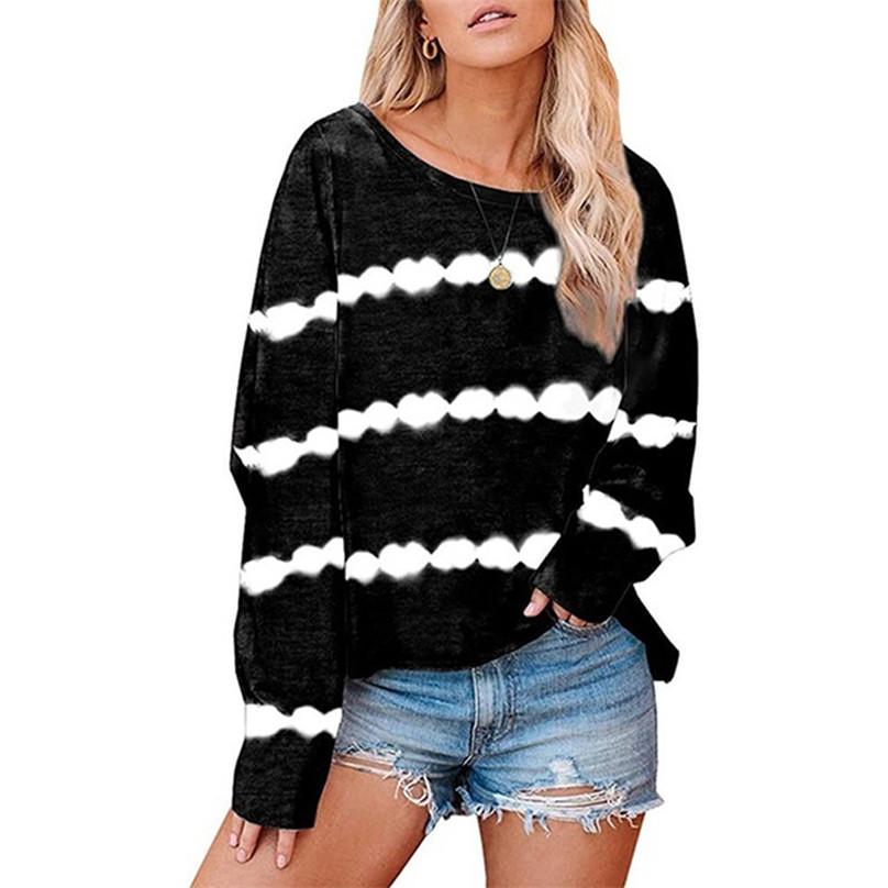 High Quality Women's Simple and Generous Tie-dye Striped Print Top Ladies Loose Long-sleeved Round Neck T-shirt