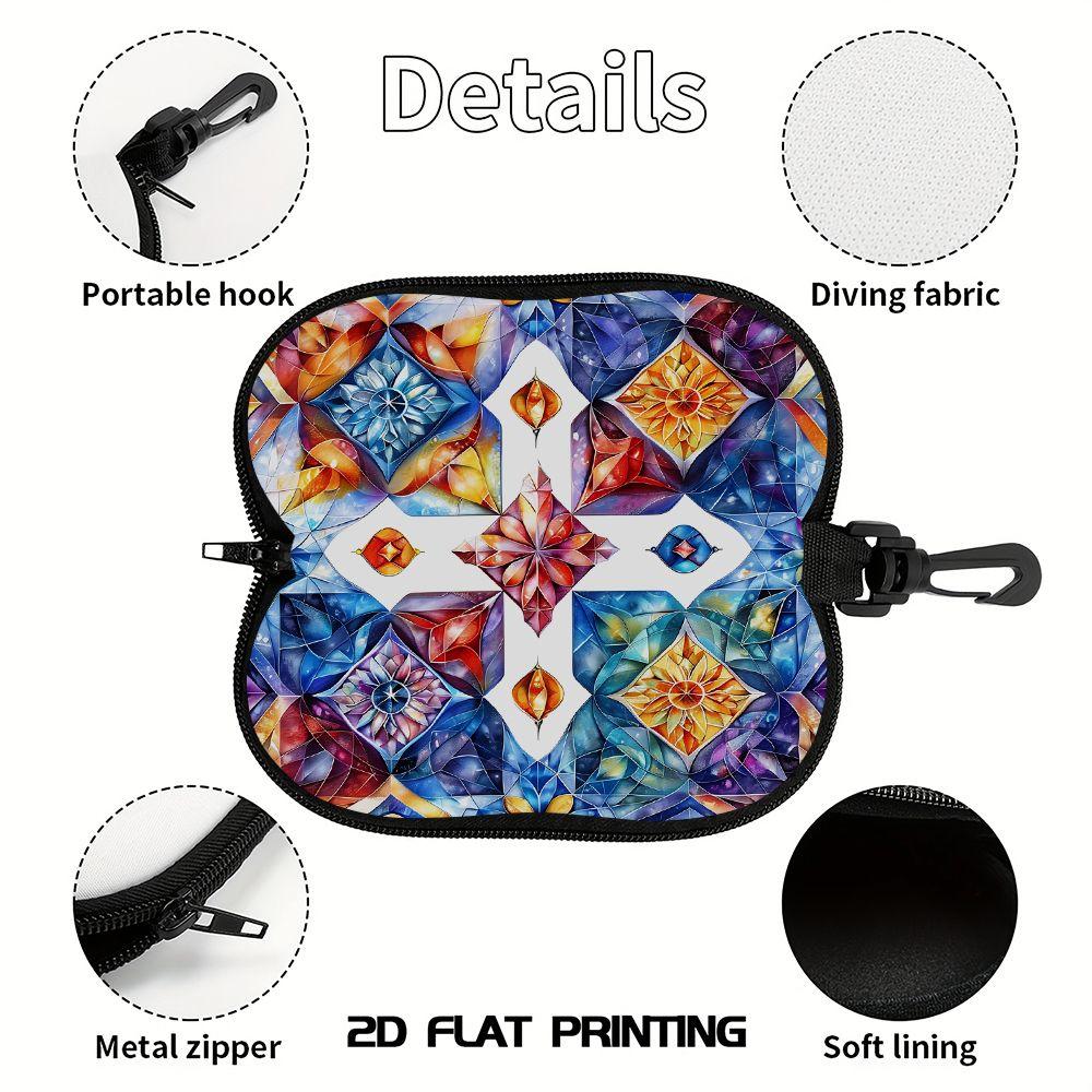 2D-Stained Glass Floral Pattern Protective Sunglasses Case, Vintage Geometric Art Eyeglasses Pouch, Zipper Travel Eyewear Holder Box Gift for Women