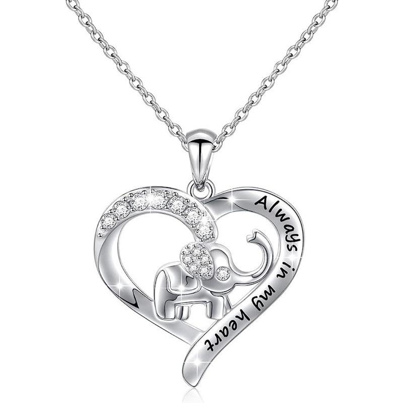 Elephant Heart Pendant Necklace for Women, Engraved  Always in my heart  Crystal Necklace, Cute Animal Jewelry Gift