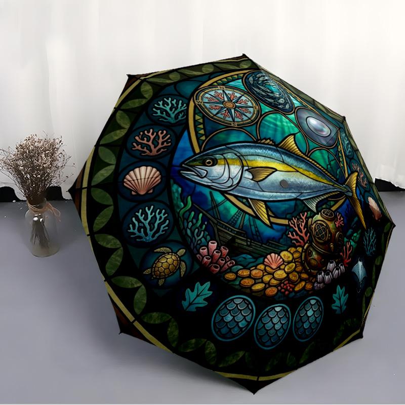 Ocean Life Glass Pattern Umbrella, Portable and Foldable Design, 8 Ribs, a Casual Accessory for Halloween, Christmas, and Birthday Gifts.