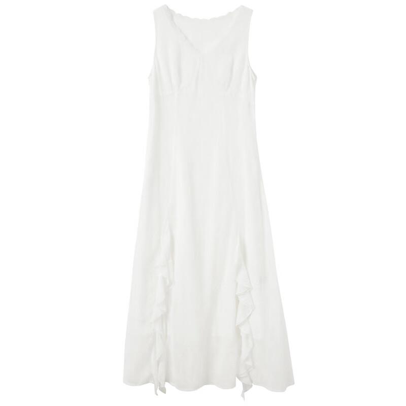 Women's 2025 Spring Pearl White Lace V-Neck Ruffle Trim Slit Long Resort Dress