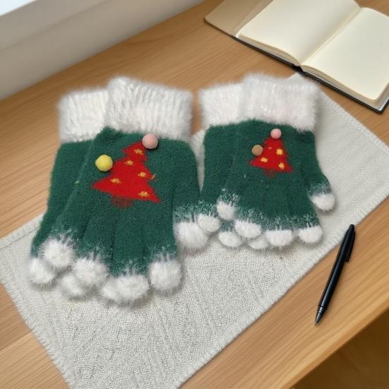 Knitted Christmas Gloves Unisex Christmas Tree Pattern Gloves Winter Touch Screen Fuzzy Gloves