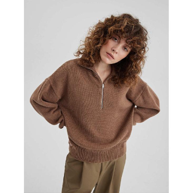 Knitted Lady'S Sweater Stand Collar Drop Shoulder Sleeves Loose Oversized Zippers Fluffy Pullover Autumn Casual Jumper