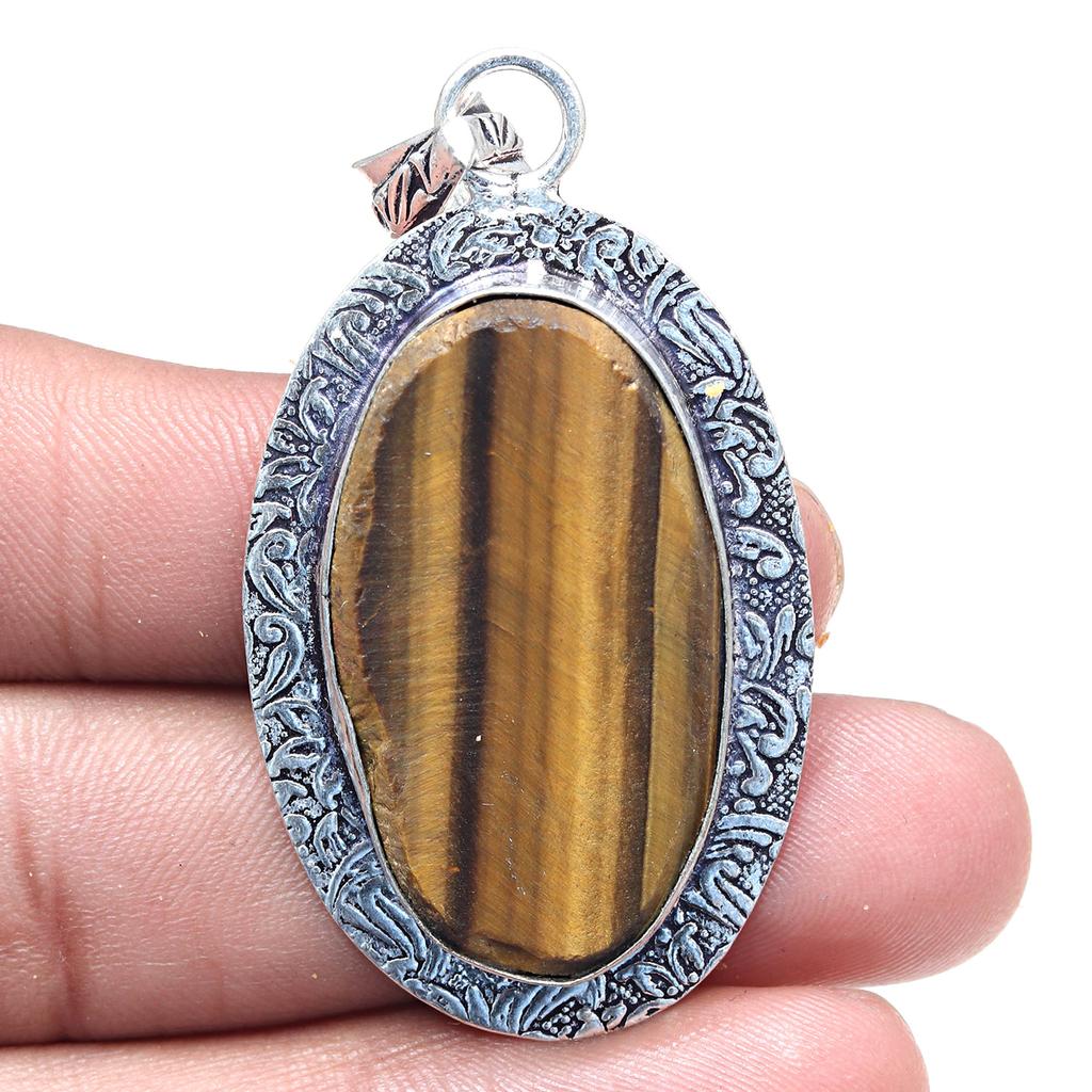 Pendant Tiger's Eye Gemstone Handmade Gift For Her Silver Jewelry 2.25"