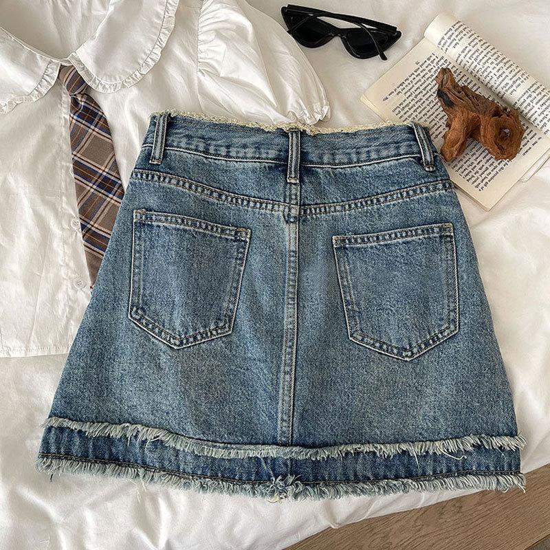 Classic Versatile Youthful Raw Edge Bustier Design Sense Retro High Waist A-line Package Hip Short Skirt Ladies Summer Fashion Denim Short Skirt