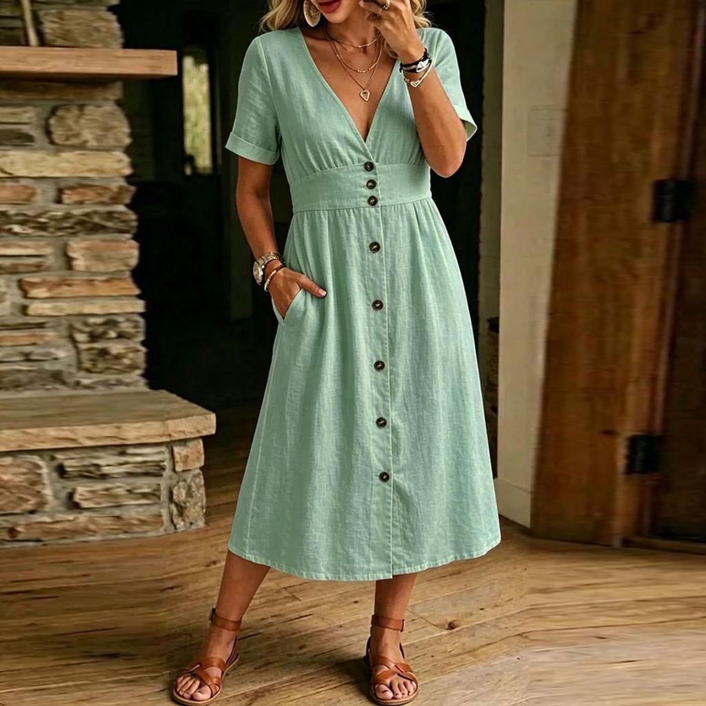 Women Short Sleeve V Neck Button Down Midi Dress with Pockets Casual Loose Fit Summer Linen Dress for Daily Wear