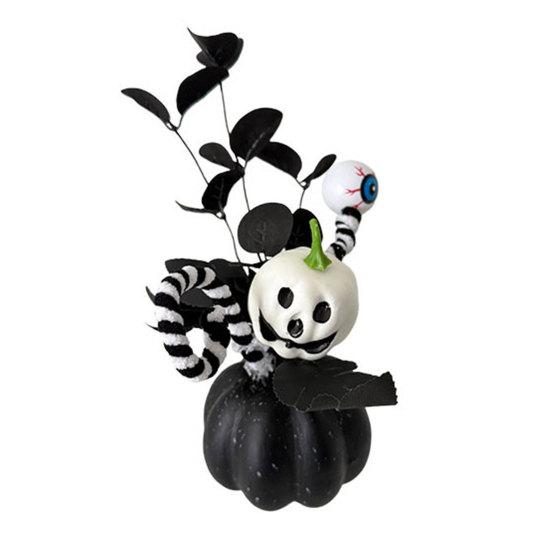 Halloween Spooky Pumpkin Decoration, Eyeball Pumpkin Figurine with Black Artificial Leaves, Holiday Party Ornament for Home, Office, Haunted House