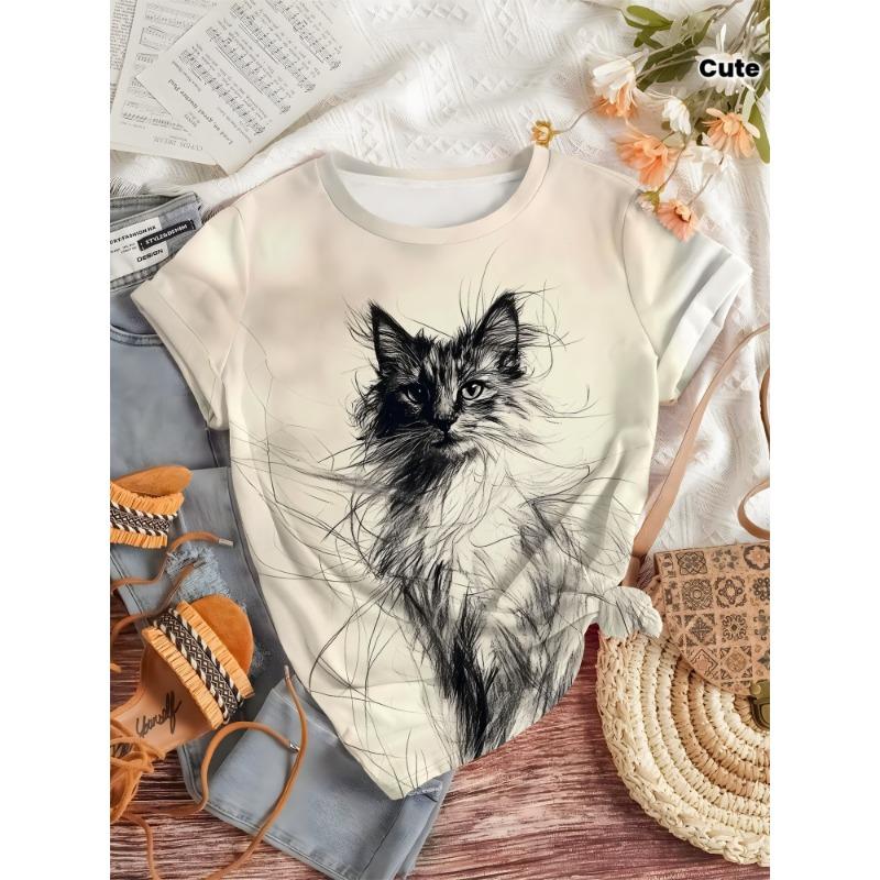 Black and white line style cute cat pattern women s casual short-sleeved top S