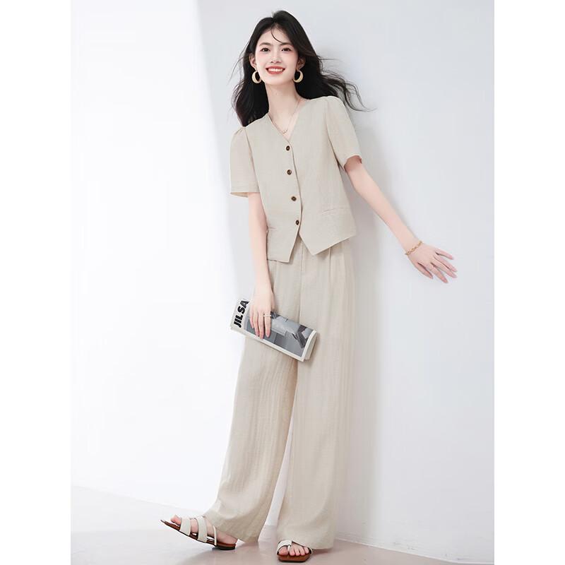 Women's Summer 2025 V-Neck Shirt & Wide-Leg Pants Two-Piece Set