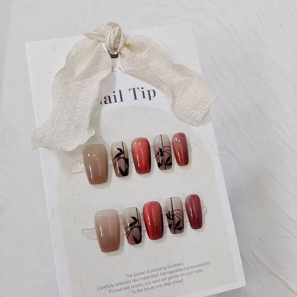10 Pcs Reusable Cat Eye Bamboo Pattern Red Black Ombre Press On Nails With Glossy Finish For Women