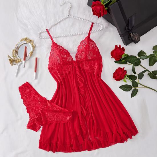 Sexy průhledná síťovaná body šaty s otevřeným předním dílem a kalhotkami Krajková košilka Bez rukávů Průhledná Mini noční košile