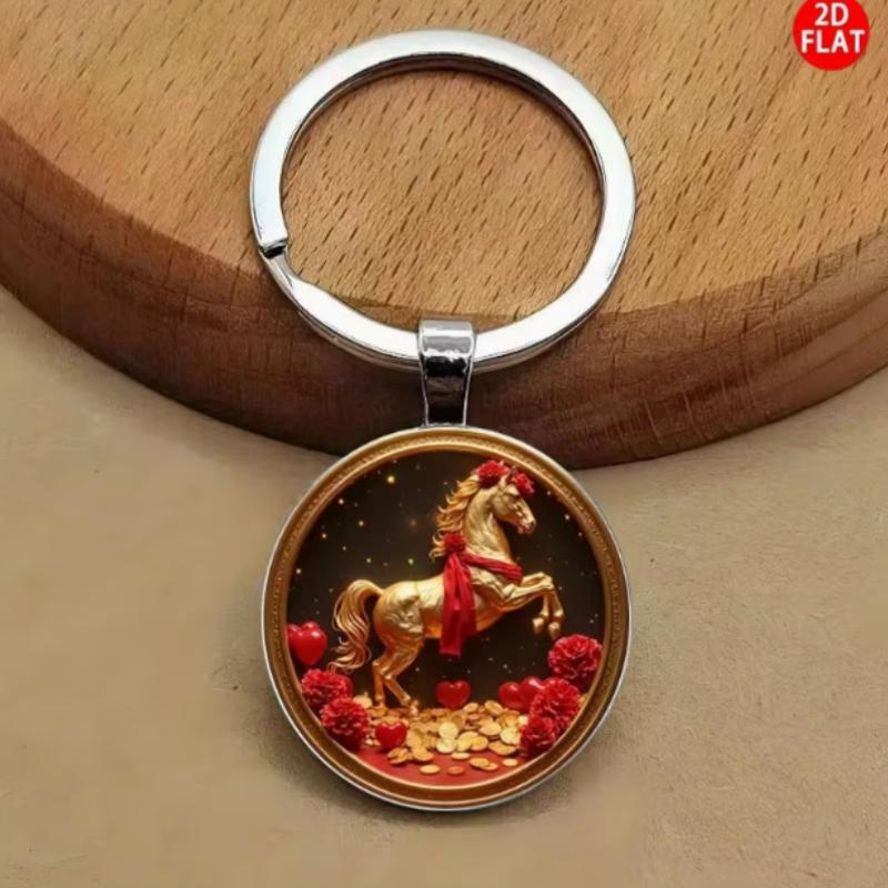 Zodiac Animal Horse Pattern Circular Pendant Keychain Backpack Hangings Decoration Gifts
