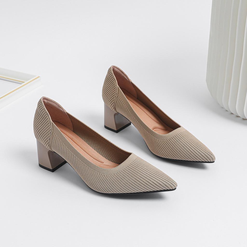 2026Women's large high-heeled shoes Multicolor pointy knit breathable comfortable anti-skid rubber sole work shoes  new autumn