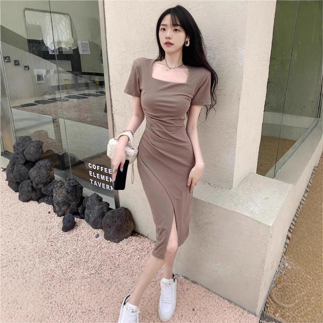

2025 Solid Color High Waist Slimming Square Neck Midi Dress with Slit XXXL кавовий