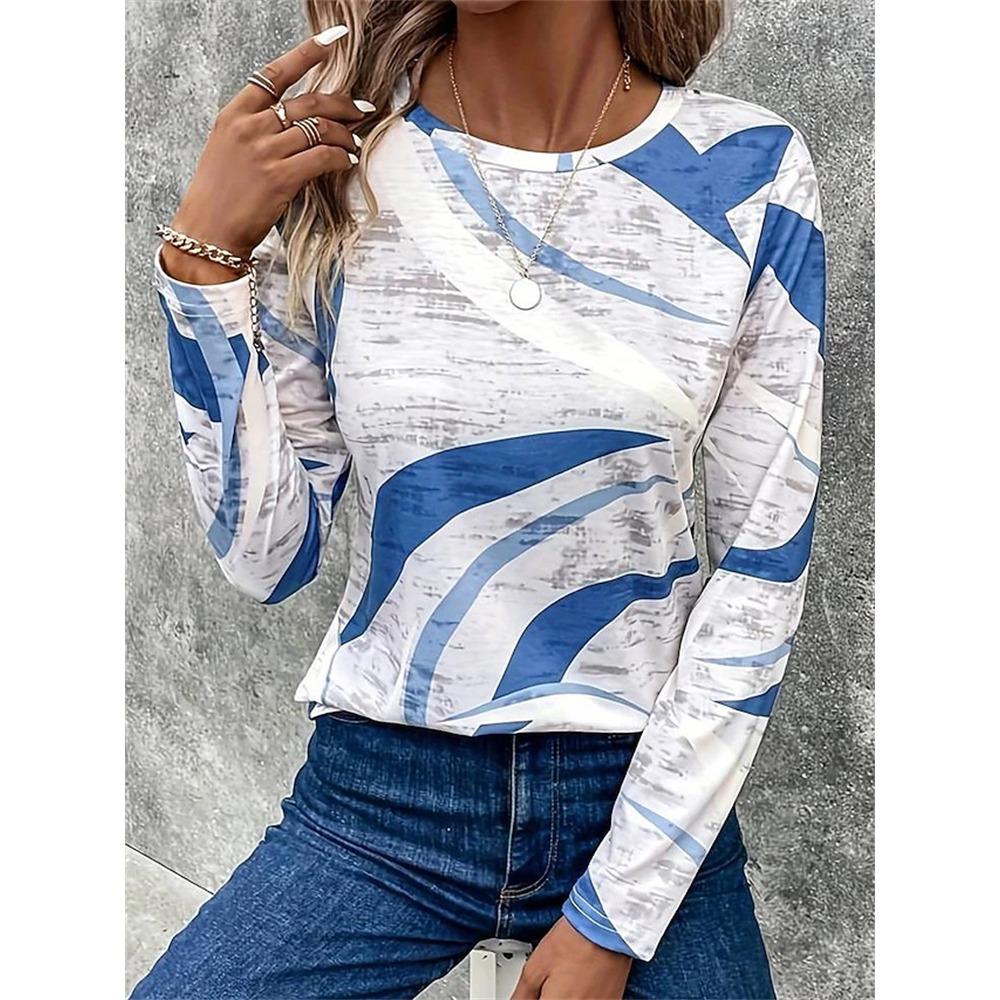 New Women's Autumn Long-Sleeve T-Shirt Stylish Color-Block Print Crew Neck Casual Yet Comfortable Style Perfect for Commuting