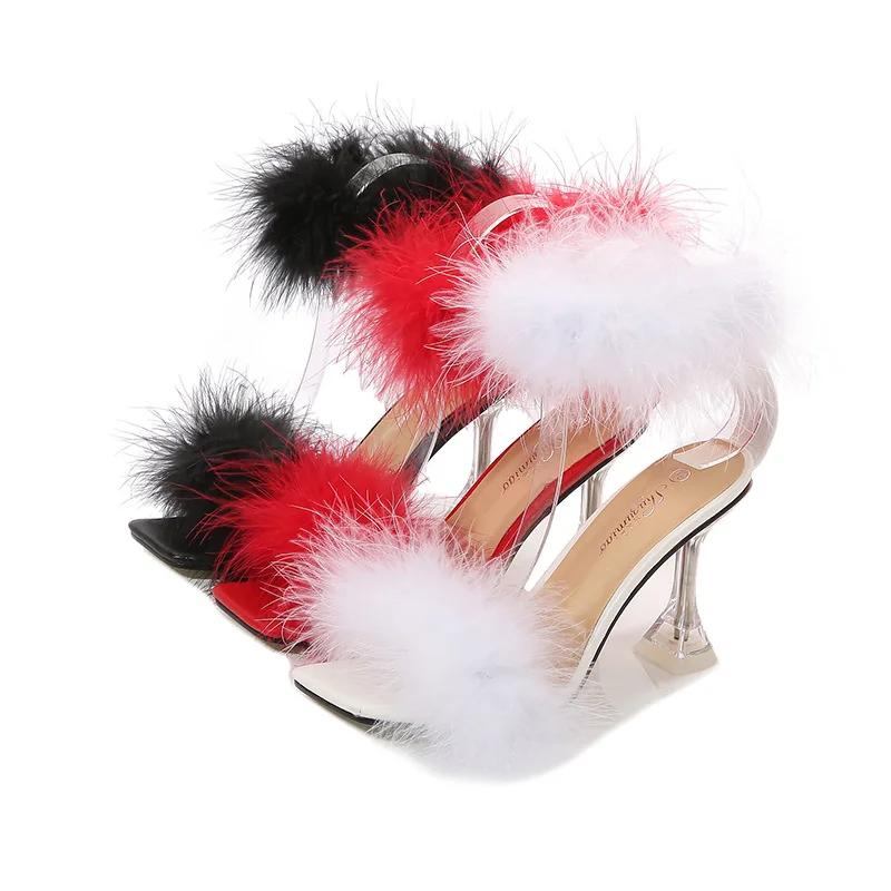 Fashion 9cm new wine glass heel stiletto heels square toe with fur fashion stiletto sandals women