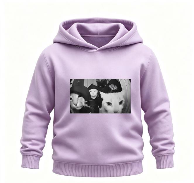 Funny Aesthetic Black‑and‑White Gang Cat Photo Graphic Kids Hoodie Loose Oversized Pullover Boys Girls Casual White Sweatshirt