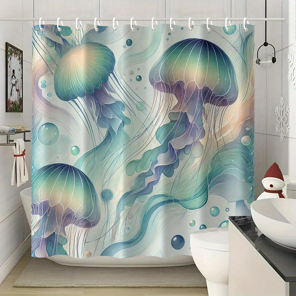 A Beautiful Jellyfish Pattern Design Shower Curtain, Measuring 70X70 Inches, Includes 12 Hooks, Made Of Polyester Fabric, Easy
