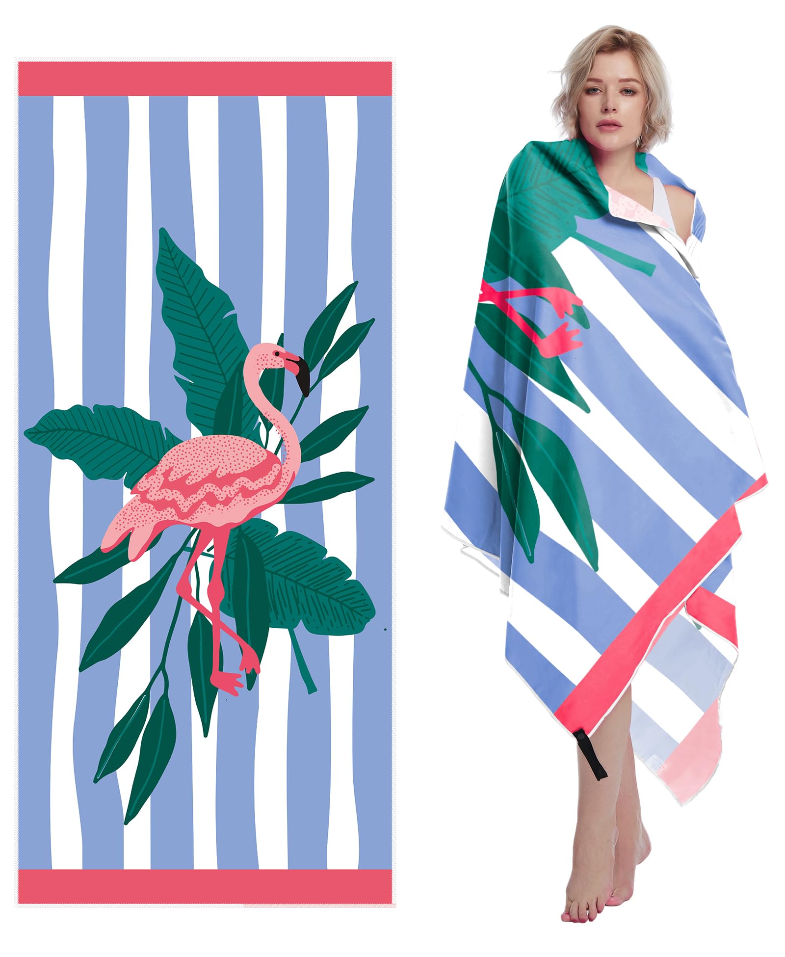 

Oversized Blue White Stripe Pink Flamingo Beach Towel Quick Dry Microfiber Lightweight Travel Pool Towel for Adults W30*H60(CM)