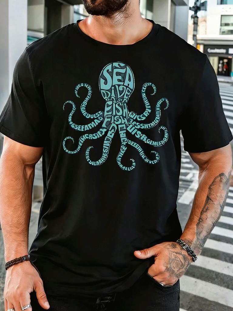 Word Art Octopus Sea Dive Text Graphic Unisexs Front Print T Shirt Ocean Creature Tee Casual Short Sleeve Top Sea Diving Lover Gift