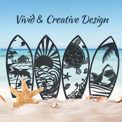 4pcs Surfboard Metal Wall Art Set - Carved Marine Crafts for Home Décor and Wall Stickers, Perfect for Coastal Themes
