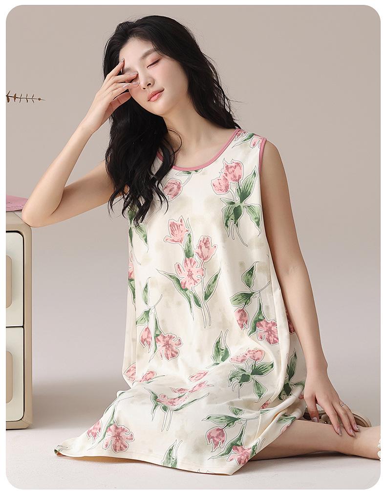 Cute Cartoon Summer Cotton Nightgown with Removable Pads for Women