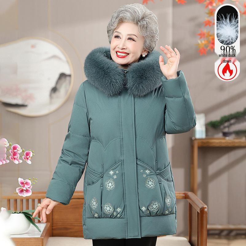 

Women s Stylish Winter Down Jacket with Big Fur Collar for Middle-Aged and Elderly - Mid-Length Warm White Duck Down Coat L (80-90 lbs)