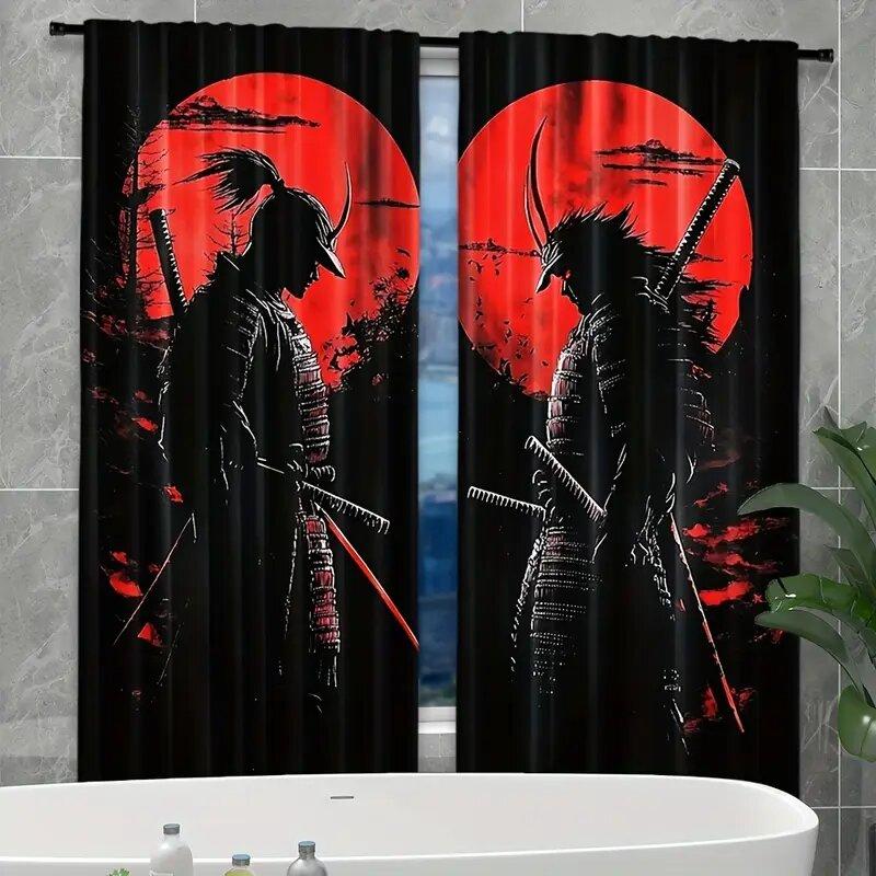 Set Of 2 Japanese Samurai Ink Paintings Print Curtains Pole Bag Home Decoration Room Curtain Polyester