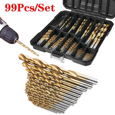 For Metal, Wood Anti-rust Wear Protection High Speed Steel Titanium Coated 1/4"-1/16" Drill Bits Drilling Hole Tools 99pcs Twist Drill Set