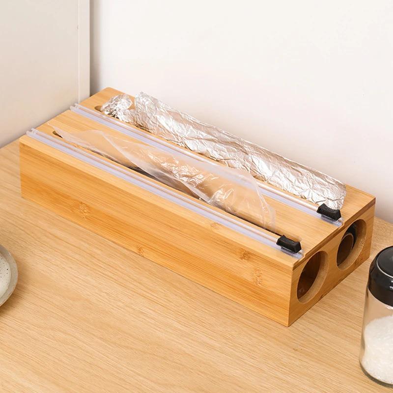 A wooden kitchen cling film dispenser, kitchen drawer aluminum foil and wax paper dispenser
