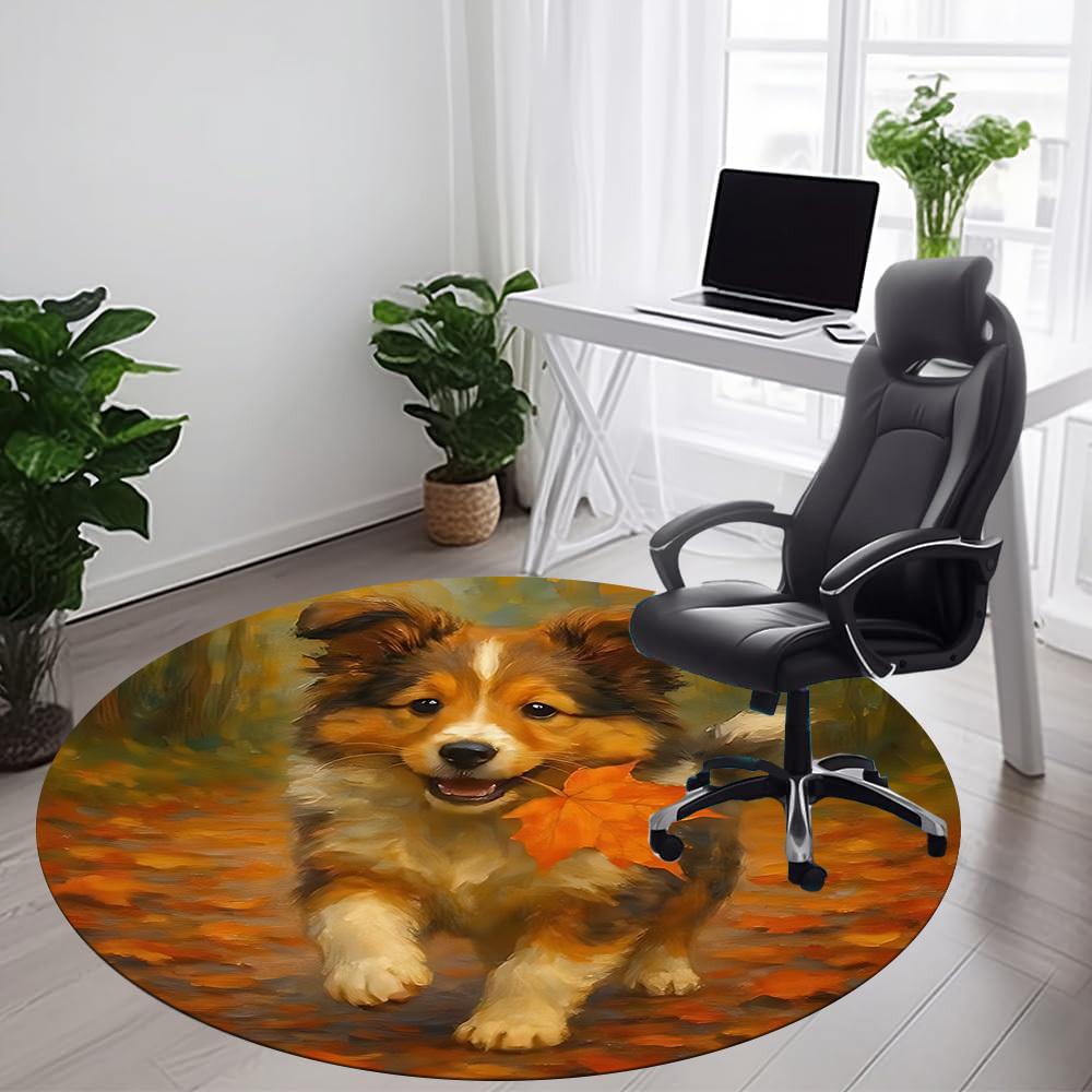 1PC Autumn Pup Office Round Area Rug, Mat Suitable ForOffice, Under Office Chairs Bedroom Living Room Home Decor, Room Deco