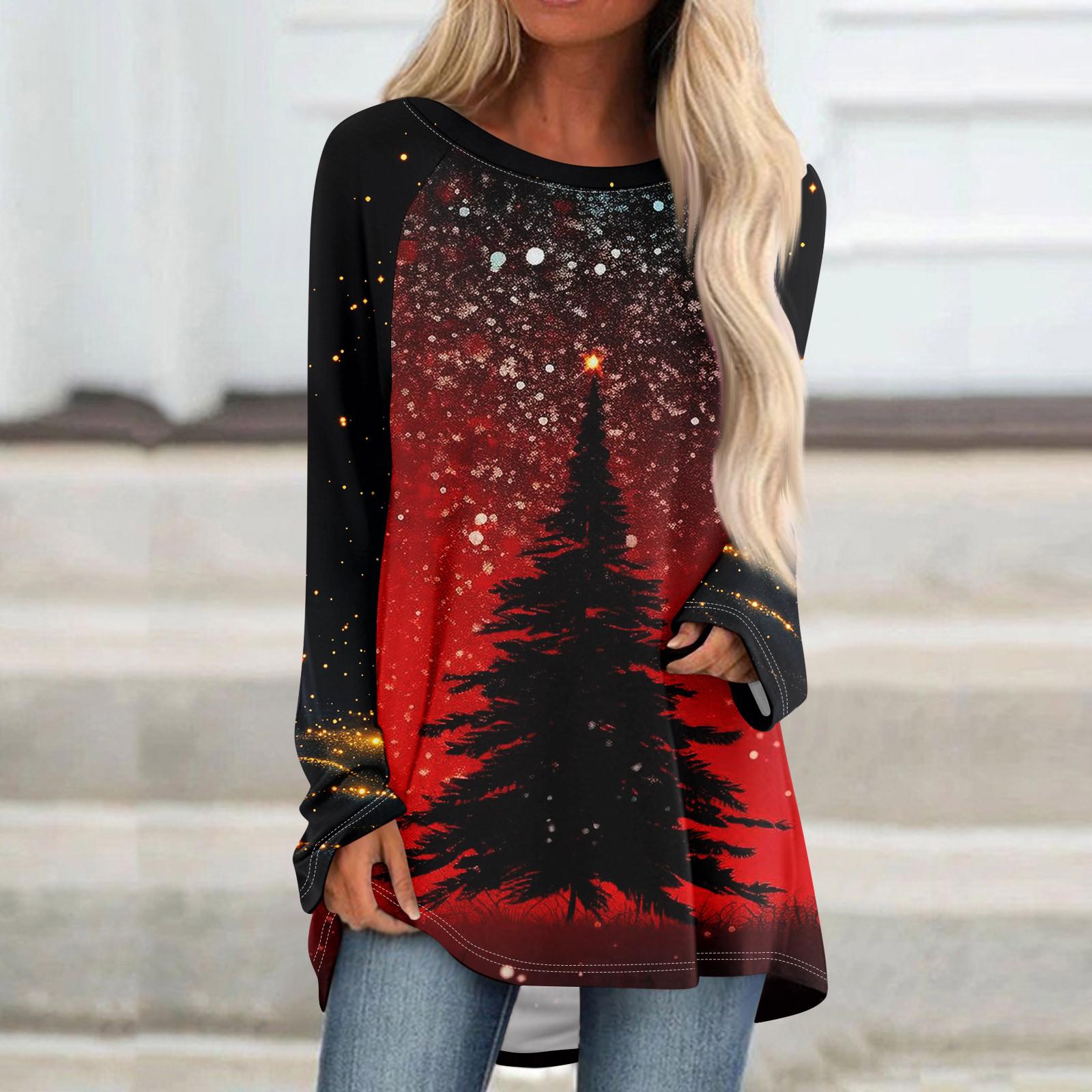 

Женский модный свободный свитер средней длины с круглым вырезом и рождественским принтом, рукава реглан, повседневный топ с длинными рукавами XXL красный