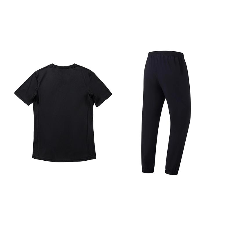 Li Ning Loose Fit Round Neck Cool Feeling Short Sleeve Solid Quick Dry Elastic Long Pants Casual Sports Suit Unisex Suit Black ATSU819-1+AYKU835-1