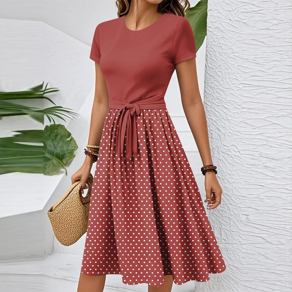 Women's Casual Fashion Belted Vintage Printed Short Sleeve Round Neck Elegant Dress