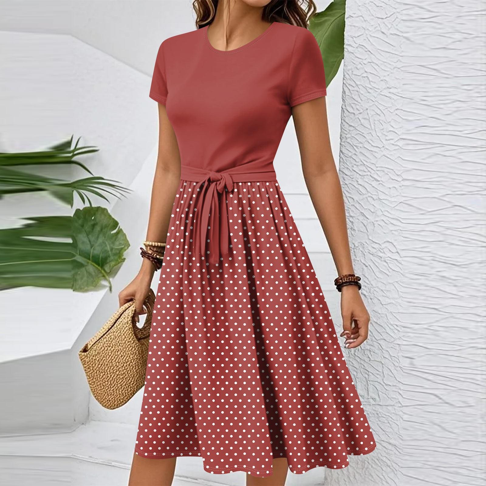 

Женское повседневное модное элегантное платье с поясом и винтажным принтом с коротким рукавом и круглым вырезом M