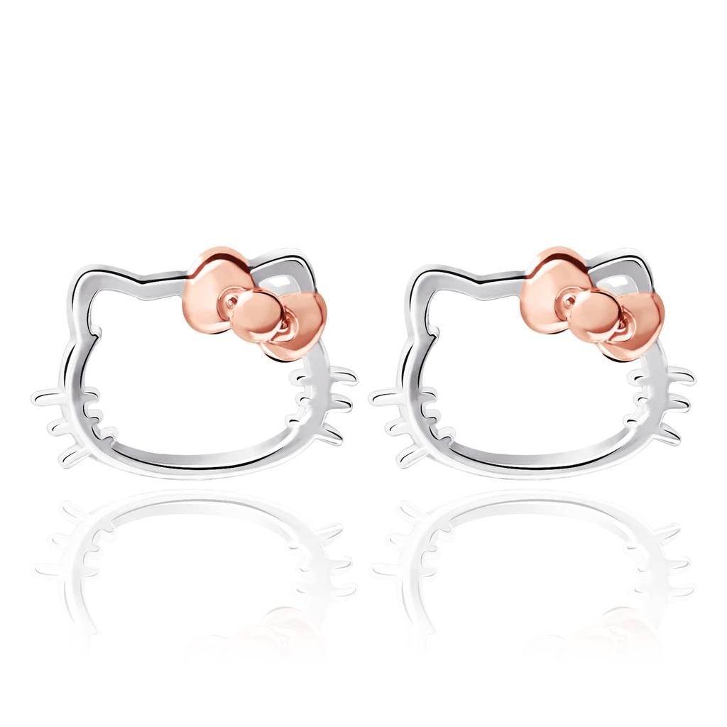 Hello Kitty Stud Sanrio Silver Plated Crystal Earrings for Officially Licensed Hello Kitty Rose Gold No Gems Earrings, Women, Jewelry., Silver,
