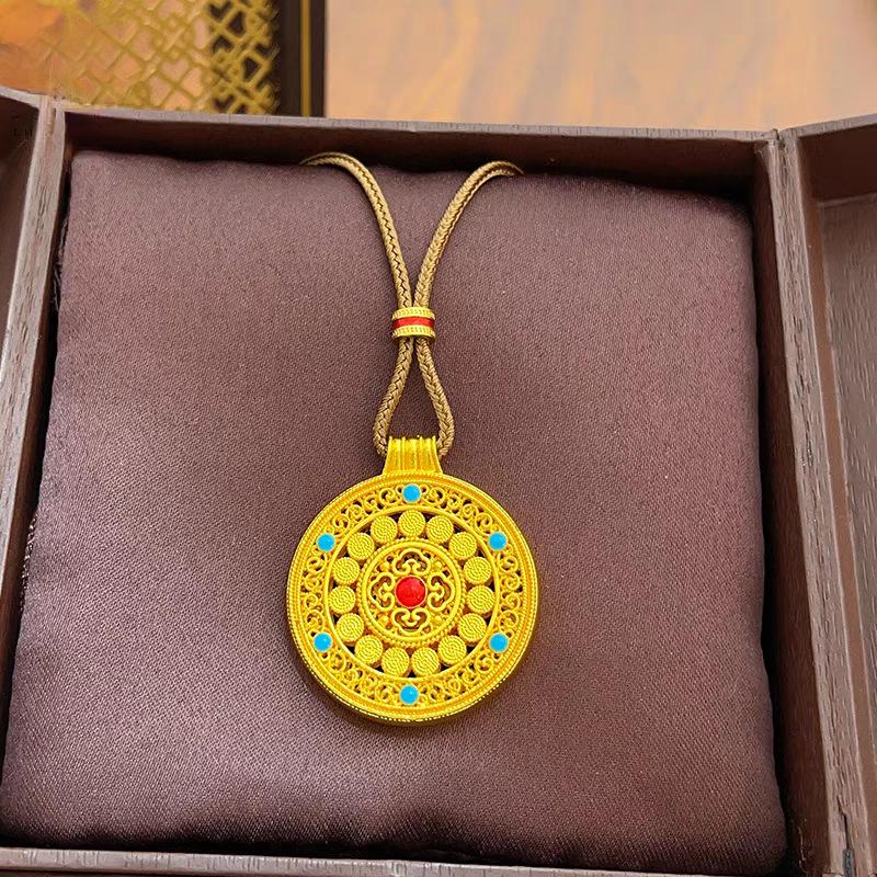 Wei Xue Eight Treasures Sand Gold Enamel Filigree Pendant Sweater Chain