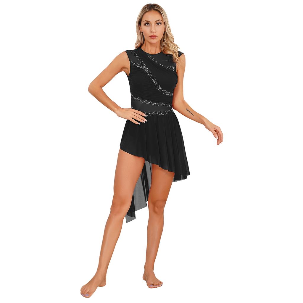 Frauen Lyrical Dance Kleid Strass Sheer Mesh Tüll Flowy Trikot Eiskunstlauf Tanz Kostüm